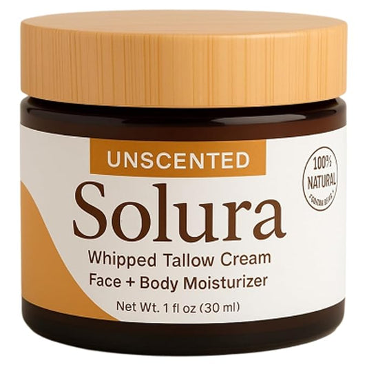 Solura Whipped Tallow Cream, with 100% Grass-Fed Organic Beef Tallow, Jojoba Oil & Vitamin E Oil for Face & Body, Pure Natural Moisturizing Cream, Deeply Moisturizes Dry Skin, Unscented - 30 ml (1)