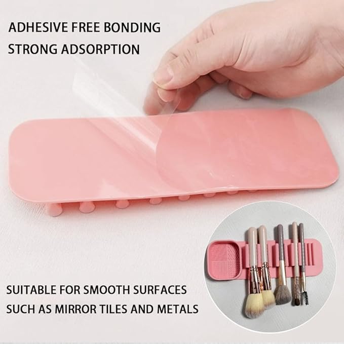 Silicone Makeup Brush Holder with Suction Wall Mount, Cosmetic Brush Drying Rack, Storage Organizer, Pink and Gray，2 Piece