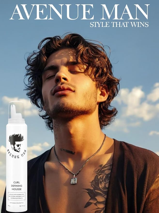 Avenue Man Curl Defining Mousse - Lightweight Styling Curl Foam for Defined, Frizz-Free Curls - Curly Hair Mousse for Men with Argan Oil, Aloe, and Green Tea Controls Frizz & Adds Shape - (6.0 Oz)