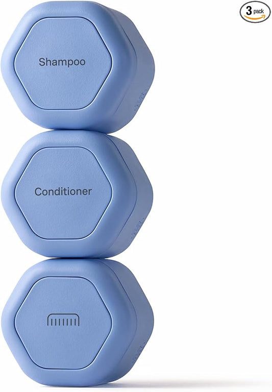 Cadence Travel Containers Haircare Capsule Set - Magnetic Containers with Lids,Carry On Travel Essentials For Women/Men - 3 Flex Mediums (1.32oz) - Shampoo, Conditioner & Comb Icon Labels - Pacific