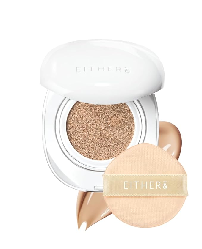 EITHER& Glow Pixel Cushion Foundation, Skincare Formula, Dewy Glass Skin, Lightweight & Long-Lasting 100H Wear, Buildable Hydrating Korean Cushion (24P Suede, 12g)