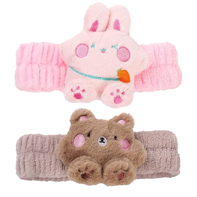 PERFECTSIGHT Kawaii Spa Headband Set, 2 Pack Cute Soft Coral Fleece Makeup and Skincare Headbands for Women and Girls' Face Washing and Facial Care