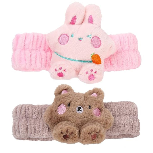 PERFECTSIGHT Kawaii Spa Headband Set, 2 Pack Cute Soft Coral Fleece Makeup and Skincare Headbands for Women and Girls' Face Washing and Facial Care