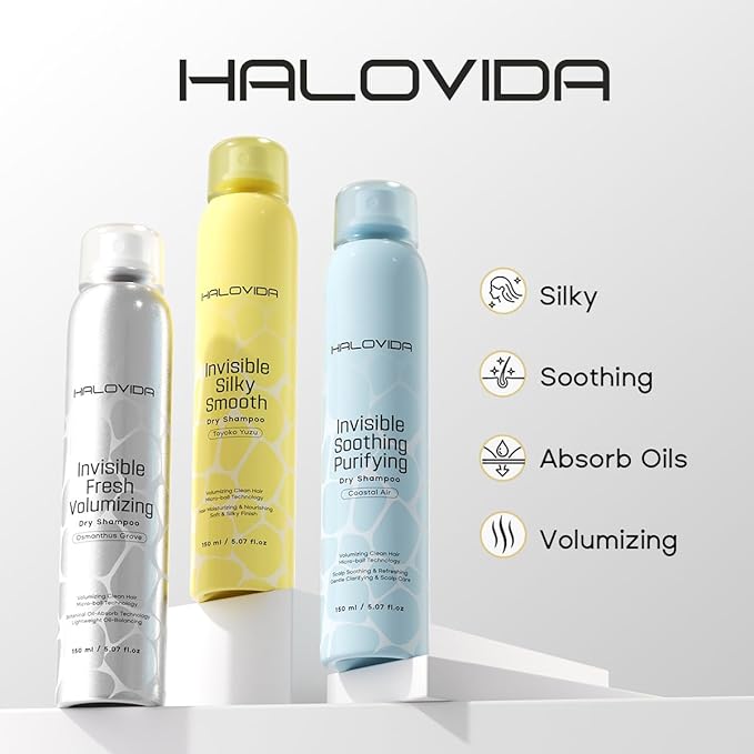 HALOVIDA Dry Shampoo for Women, Invisible Dry Shampoo Spray (Soothing) for All Hair Leaves No White Residue, Absorb Oils, Volumizing & Refresh Hair for 72 Hours, 5.07 Fl Oz (Coastal Air)