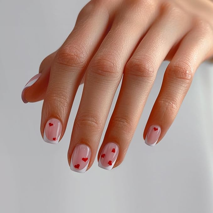 BTArtbox French Tip Press On Nails - Endless Love, Lamp-Curable Short Square Valentines Press On Nails with Glue and Adhesive Tabs for Women in 15 Sizes - 30 Soft Gel Glue On Nails Kit