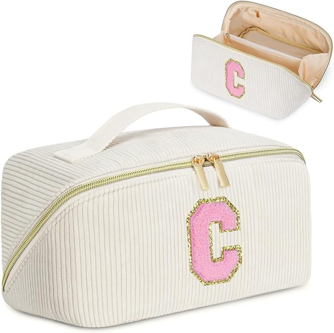 Personalized Initial Makeup Bag, Valentine's Day Gifts for Girls,Preppy Bag Cosmetic Travel Bag Women,Travel Toiletry Organizer,Large Capacity Corduroy Stuff Bag,Cute Cosmetic Pouch Skincare Bag