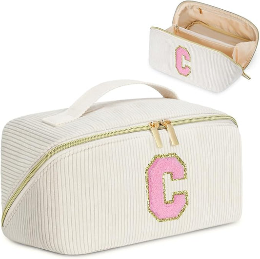 Personalized Initial Makeup Bag, Valentine's Day Gifts for Girls,Preppy Bag Cosmetic Travel Bag Women,Travel Toiletry Organizer,Large Capacity Corduroy Stuff Bag,Cute Cosmetic Pouch Skincare Bag