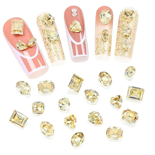 DONGZHOU 72pcs Mix Shape Nail Art Rhinestone,7 Styles Glass Nail Rhinestones Pointback Nail Gems Shiny 3D Nail Charms for Nail DIY Decorations Crafts,Golden Shadow