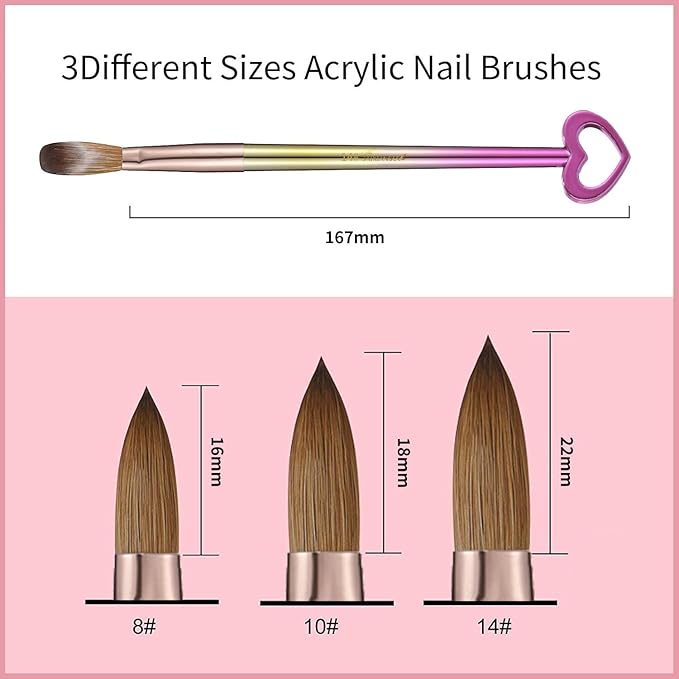DAIXIANGER 3Pcs Professional Acrylic Nail Brush Set, Size 8/10/14, Gradient Handle Heart-Shaped Nail Brushes for Acrylic Application Powder & Nail Extension, 3D Nail Carving Tools for DIY Home Salon