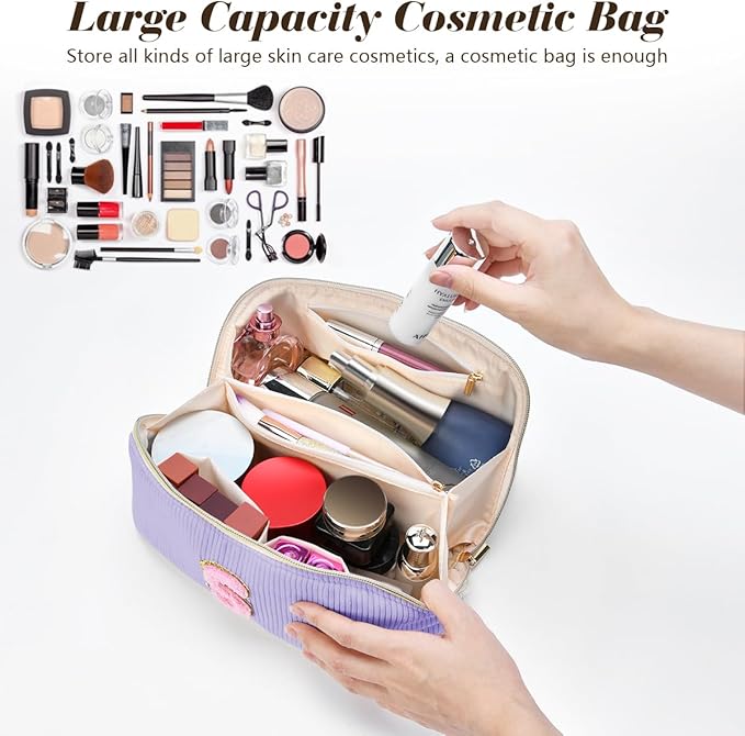 Personalized Initial Makeup Bag, Valentine's Day Gifts for Girls,Preppy Bag Cosmetic Travel Bag Women,Travel Toiletry Organizer,Large Capacity Corduroy Stuff Bag,Cute Cosmetic Pouch Skincare Bag