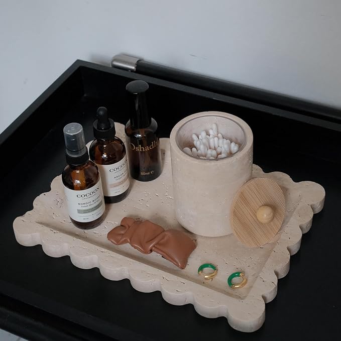 Travertine Marble Qtip Holder Dispenser with Bamboo Lid & Clear Plastic Inner Jar - Bathroom Vanity Organizer for Cotton Swab, Ball, Makeup Pads, Floss - Storage Container (Beige Travertine)