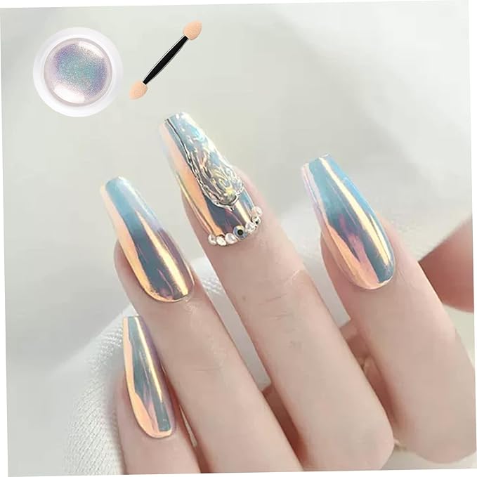 Mermaid Chrome Nail Powder, 2PCS 0.3g Nail Chrome Powder, Kit with Sponge Stick, DIY Pearl for Gel Polish Art Decoration