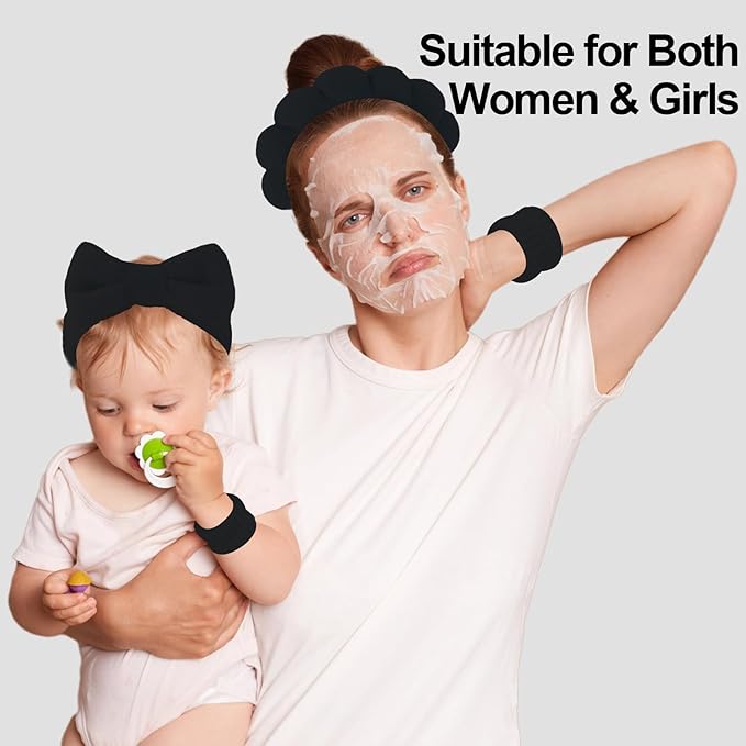 Canitor Sponge Spa Headbands Wristband Set with Hair Clips Skincare for Washing Face Non Slip Puffy Terry Cloth Makeup Headband Face Wash Wrist Bands Cute Trendy Stuff (black)