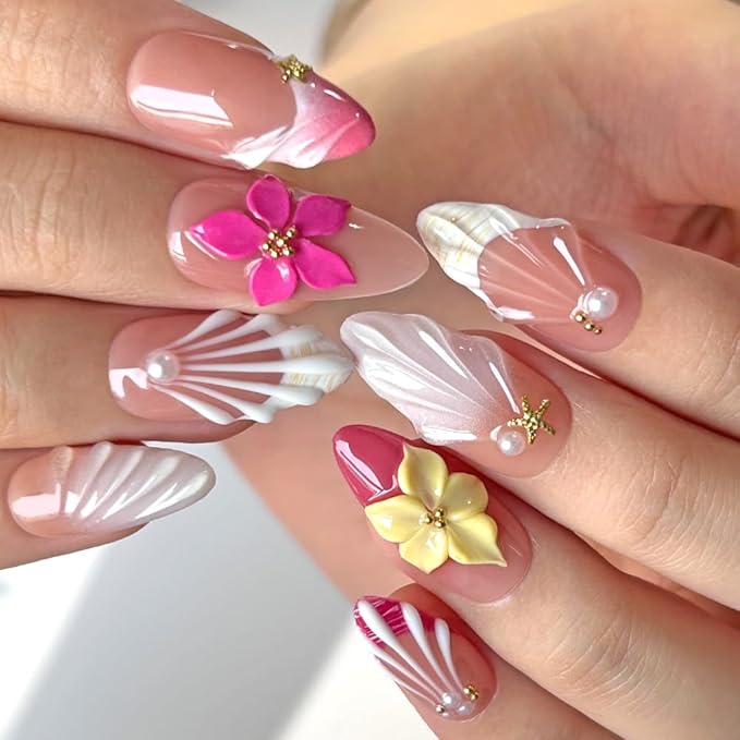 Press On Nails - Luxury Almond 3D False Nails Women Reusable ABS Material Finger Printed Nail Tip French Salon Design Artificial Fingernail (Size S)