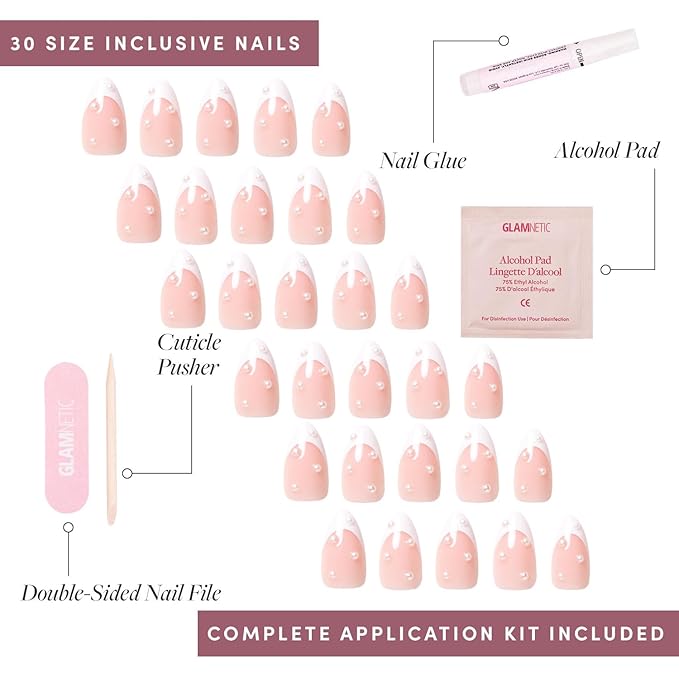 Glamnetic Press On Nails - French Pearl | Glossy, Short Almond French Tip Nails with 3D Accents, Salon Quality | 15 Sizes - 30 Nail Kit with Glue