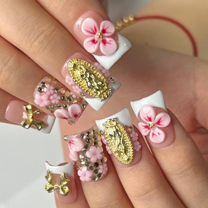 Press On Nails Handmade Short Duck Nails, Glossy Art Designs Reusable Acrylic Artificial Stick On Nails, 10 Pcs False Nails Set (Size L)