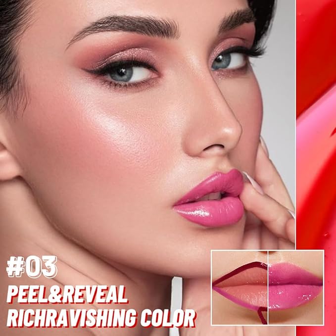 JUAAZIN Raspberry Peach Lip Stain Peel Off Lip liner and Lip oil with Tweezer, Dual-Ended Peel Off Lip Stain Tattoo, Highly Pigmented Long Lasting Waterproof, Transfer-proof for All Skin Types, 03#