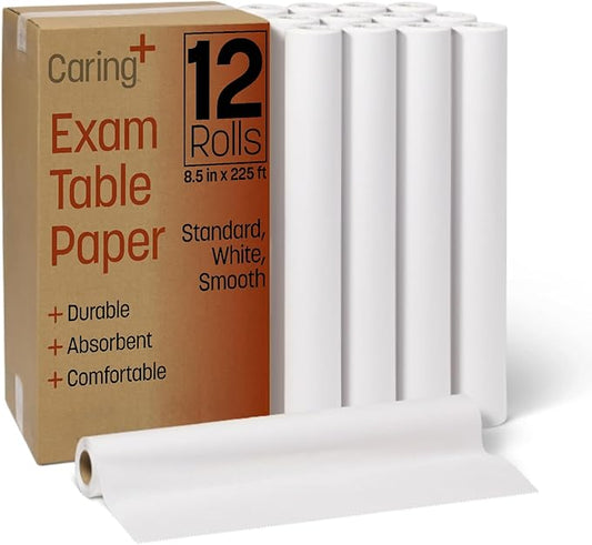 Caring Headrest Exam Table Paper, Smooth, 8.5" x 225", 12 Rolls/Case, Disposable Medical Table Paper for Chiropractors, Massage Therapists & Physical Therapy Offices, Hygienic Surface Protection