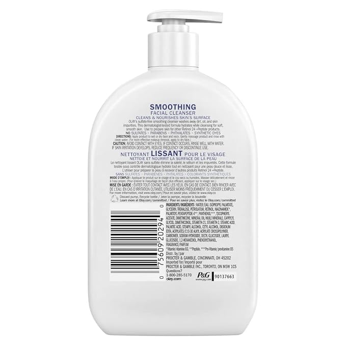 Olay Face Wash, Daily Facial Cleanser with Retinol, Peptides & Glycerin - Smoothing, Noursihes Skin Surface, Hydrates while Cleansing - Sulfate-Free, Paraben-Free, 16 Oz