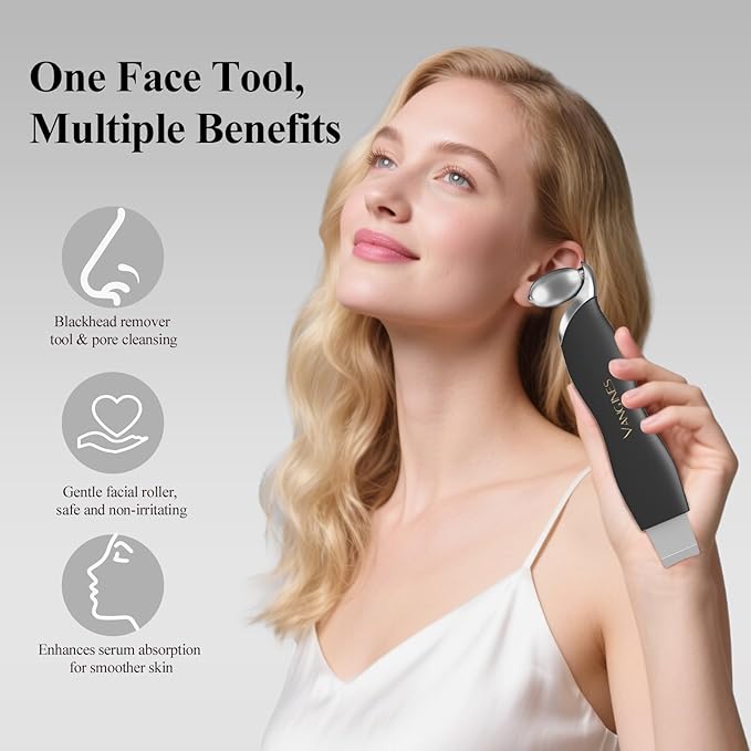 Vangines Blackhead Scraper Tool & Skin Scrubber Face Spatula for Blackhead Removal, Pore Cleaning, with Cooling Ice Roller & 2 Silicone Brush Heads (Charcoal Black)