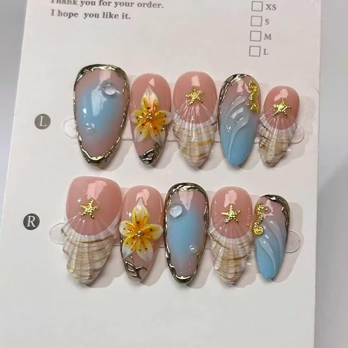 MAGLFELL Press On Nails - Handmade Medium Length Almond French Tip Fake Nails, Shell Painting Design, Reusable Artificial Almond False Nails for Women 10 Pcs Acrylic Nails Kit (Size L)