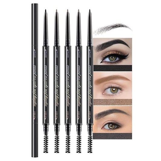 5 Pcs Dual-Sided Auto-rotate Ultra-Fine Tip Eye Brow Pencils Pack,Draws Tiny Precise Brow Makeup, Defines, Fills Brows, Shapes, Contours, Combs, ‌1mm Pen Point (Black+3*Dark Brown+Gray)