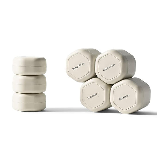 Cadence Travel Containers - Daily Routine Capsule Set - Magnetic Containers with Lids,4 Flex Mediums (1.32oz) & 3 Flex Smalls (0.56oz) - Shampoo, Conditioner, Body Wash, Pills, & More - Sand
