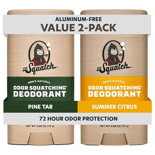 Dr. Squatch Natural Men’s Deodorant – Aluminum Free Natural Deodorant Men with Charcoal & Postbiotics for 72-Hour Odor Protection – Pine Tar + Summer Citrus, 2.65oz Stick (2-Pack)