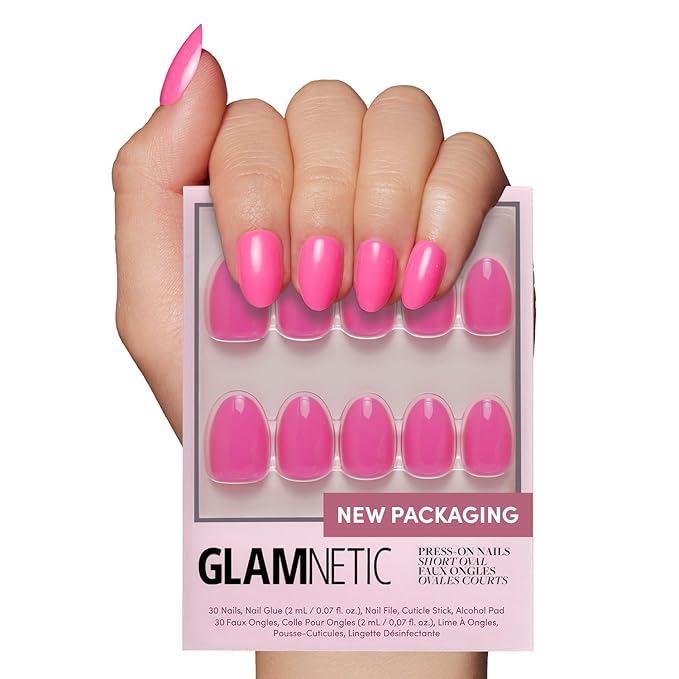Glamnetic Press On Nails - Hot Pink | Opaque Bright Neon Pink Short Oval Fake Nails, Salon Quality | 15 Sizes - 30 Nail Kit