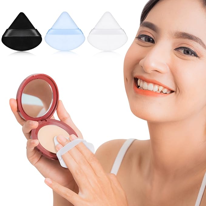 Maitys 12 Pcs Powder Puff Triangle for Face Makeup Cosmetic Loose Powder Puff Velour Soft Body Washable Reusable Foundation Sponge Wet Dry Makeup Tool for Women(Small,Black, White, Blue)