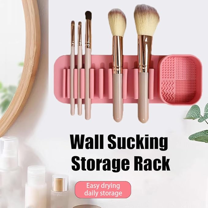 henshuo Suction Wall Makeup Brush Silicone Holder,Makeup Brush Drying Rack Suction Wall,Cosmetic Brushs Silicones Storage Rack,1 Piece,Pink