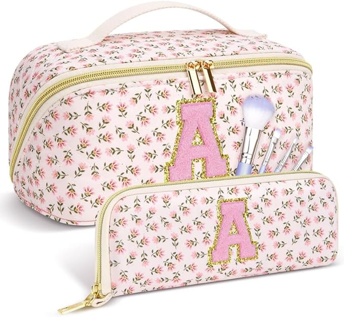 Personalized Travel Makeup Bag Set,Initial Travel Cute Floral Makeup Organizer Bag,Toiletry Skincare Cosmetic Bag,Valentine’s Day Gifts for Women/Girls,Open Flat Toiletry Pouch with Brush Pocket-S