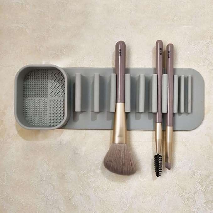 Silicone Makeup Brush Holder with Suction Wall Mount, Cosmetic Brush Drying Rack, Storage Organizer, Pink and Gray，2 Piece