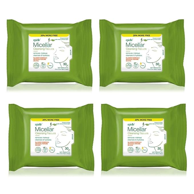 Epielle Micellar Makeup Remover Wipes, Gentle & Hydrating Daily Facial Cleanser Towelettes, Remove Waterproof Mascara, Hypoallergenic & Alcohol-Free, Stocking Stuffers, 30 Count (Pack of 4)