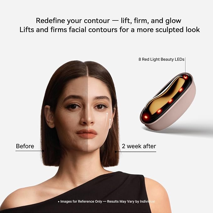 LED Red Light Therapy for Face & Neck Massager Facial Care Device – Electric Gua Sha Brass Tool with Heat & Vibration for Firming, Sculpting & Skincare, Pink