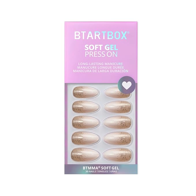 BTArtbox Press On Nails Almond - Champagne Frost, Medium Sparkle Press On Nails with Glue and Adhesive Tabs for Women in 15 Sizes - 30 Soft Gel Glue On Nails Kit