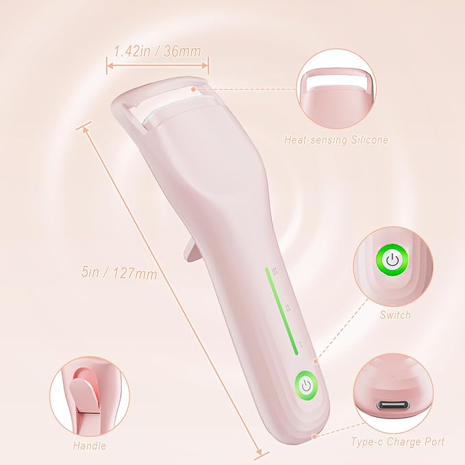 Lilonthy Heated Eyelash Curler, Type-C Rechargeable with 3 Temp Settings & Safe Silicone Pad for Natural Curls, Travel-Friendly (Pink)