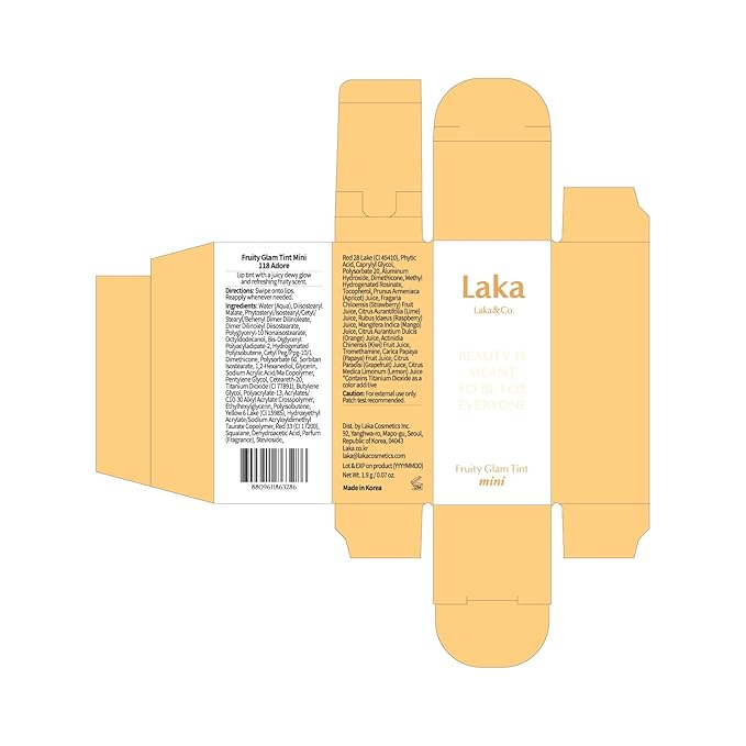 Laka Fruity Glam Lip Tint Mini, 1.9g/0.07oz, Glowing Lip Stain with Wide Color Spectrum, Hydrating & Lightweight Texture, Long-Lasting Bold Stain, Non-Sticky, Vegan, K-Beauty (#118 Adore)