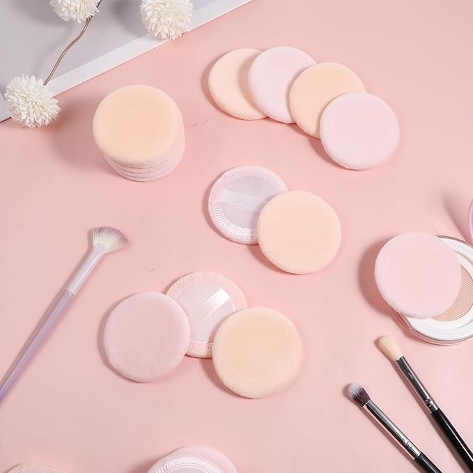 cobee 24 Pcs Round Powder Puffs, Makeup Powder Puff Soft Velour Makeup Pad With Ribbon, Setting Powders Puff Facial Make Up Eyeshadow Concealer Cosmetics Sponge Women(Skin tone and pink)