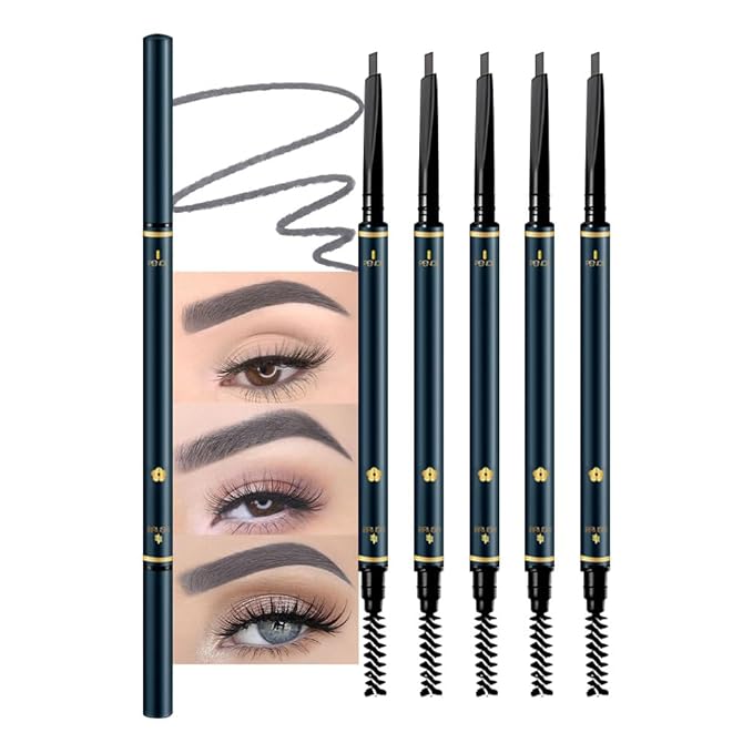 5 Pcs Eyebrow Pencils for Women, Waterproof Professional Makeup Micro Brow Pencil, Grey Brow Kit with Eyebrow Brush, Ultra-Fine Mechanical Pencil, Vegan&Cruelty-Free (C04#Grey)