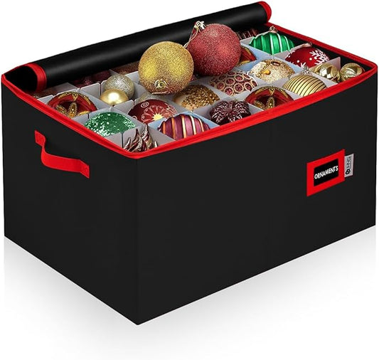 Christmas Ornament Storage Container with Dividers - Box Stores Up to 96 Ornaments, Zippered, Convenient, Adjustable, Large Organizer Bin to Protect Holiday Décor, Fits Most Standard Size, Black