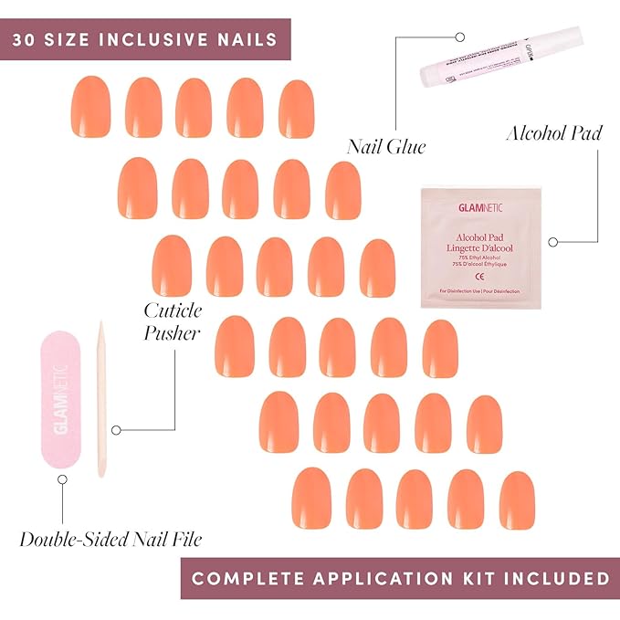 Glamnetic Press On Nails - Apricot | Solid Opaque Orange Round Nails, Salon Quality | 12 Sizes - 30 Nail Kit