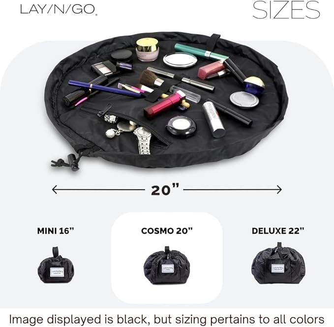 Lay-n-Go Cosmo Drawstring Cosmetic & Makeup Bag Organizer - Portable Drawstring Makeup Bag w/Zipper Pocket, Makeup Loops & More - Durable, Machine Washable Toiletry Bag (20", Black & Gold)