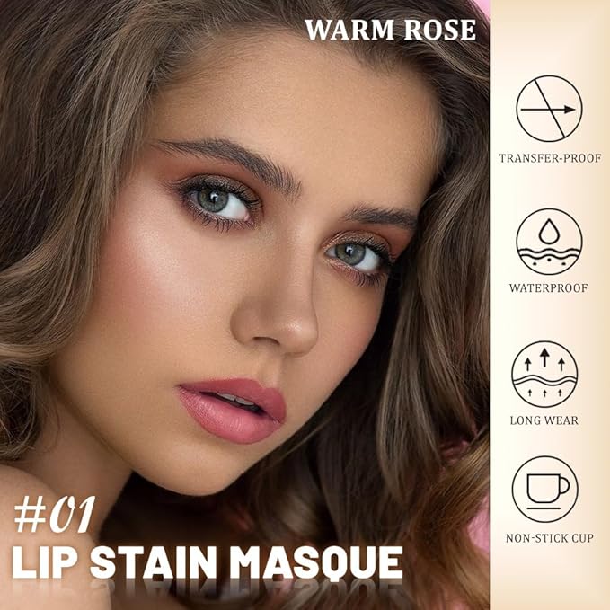 JUAAZIN Peel Off Lip Stain Tattoo with Tweezer - Warm Rose Matte Lip Tint, Long Lasting Waterproof Transfer-Proof Liquid Lip Stain, Cruelty-Free Lip Masque for All Skin Types, Valentine's Day Gift 01#