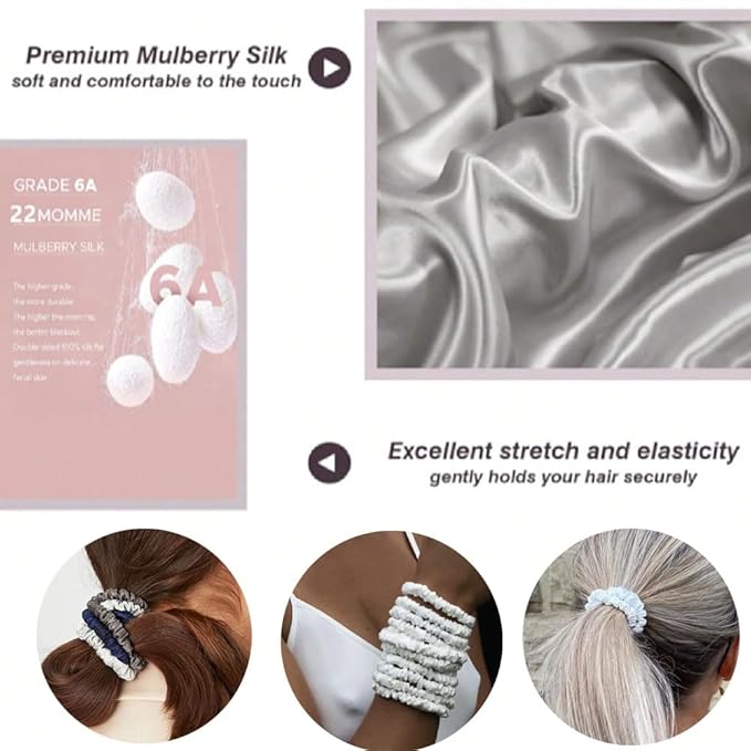 Suncdelv Silk,100% Silk Scrunchies for Hair,22 Momme Hair Ties for Anti-Crease & Breakage,Natural Women Hair Accessories，Fashion Hairbands 6PCS(Multicolor)
