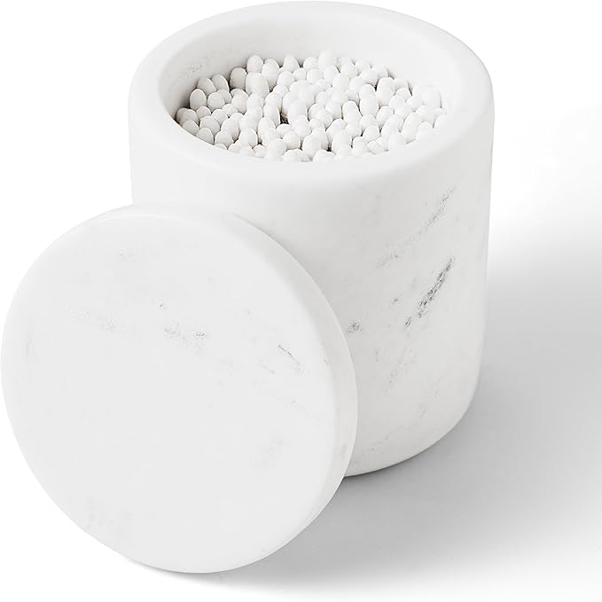 WORHE Marble Qtip Holder with Lid Natural Cotton Ball Container for Cotton Swabs,Makeup Sponges,Bath Salt Large Capacity Bathroom Canisters Jars for Countertop Storage and Organization White (WH051)