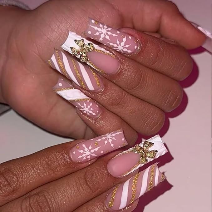 Christmas Press On Nails MAGLFELL Handmade Square Fake Nails, Painting Snowflakes and Gold Plated Bow Design,10 Pcs Reusable ABS Material Acrylic Fingernail Tip Salon Artificial Nails Kit (Size S)