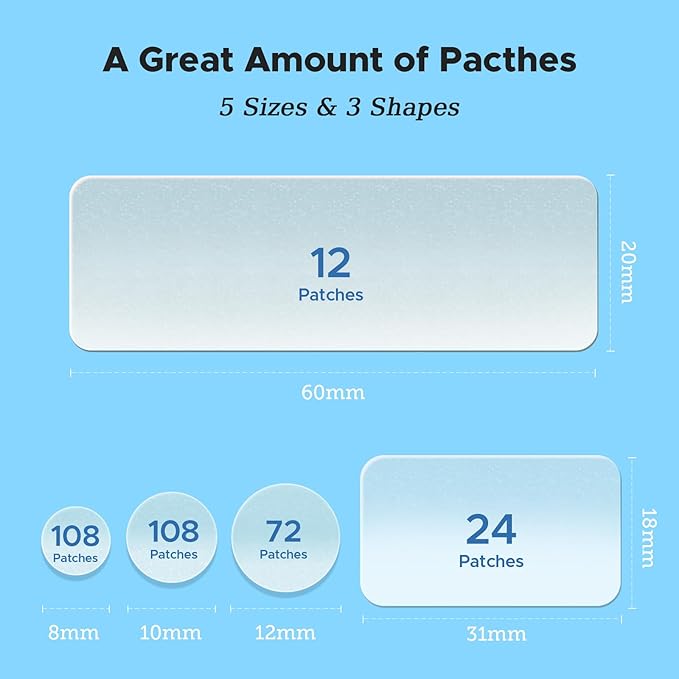 6、LitBear Large Pimple Patches, 5 Sizes 324 Patche Big Acne Patches, XL Hydrocolloid Bandages for Full Face, Forehead, Chin, Nose, Body, Back, Neck & Chest, Stirp, Square Large hydrocolloid Patch
