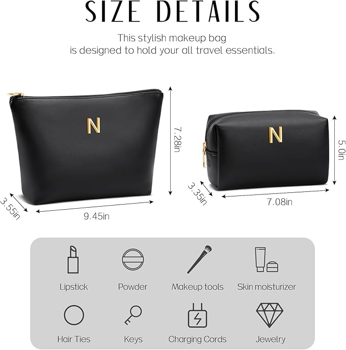 Women Gifts | Initial Makeup Bag Set for Girl Personalized Gifts for Bridesmaid Friend Graduation Teachers PU Leather Cosmetic Travel Toiletry Bag(Black,N)