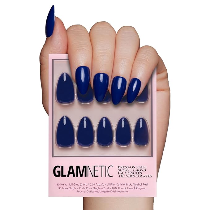 Glamnetic Press On Nails - Midnight Blue | Opaque Dark Navy Blue Short Almond Fake Nails, Salon Quality | 15 Sizes - 30 Nail Kit